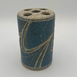 Vintage Handmade Ceramic Blue White Toothbrush Holder Bathroom Decor Signed